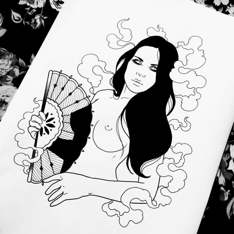 Girl with black hair sketch tattoo