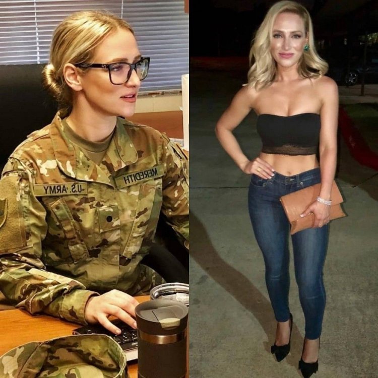 Girls in military uniform and without her