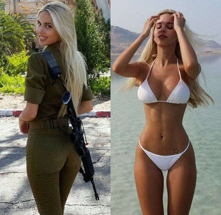 Girls in military uniform and without