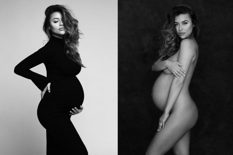 Photo session of pregnant women in a bodysuit