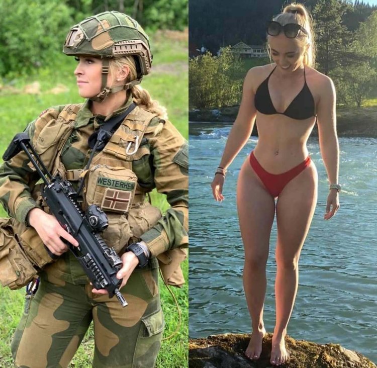 Girls in military uniform and without