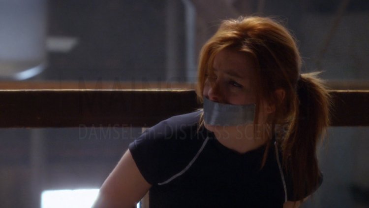 Gillian Anderson with her mouth taped