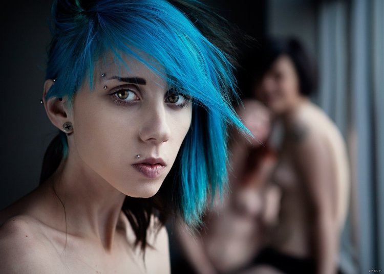 Teenager blue hair different emotions