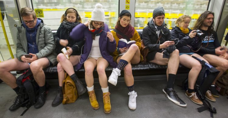 Flash mob in the metro without pants in Moscow