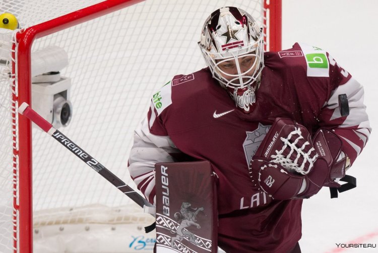 Latvian ice hockey team goalkeeper Merzlikin
