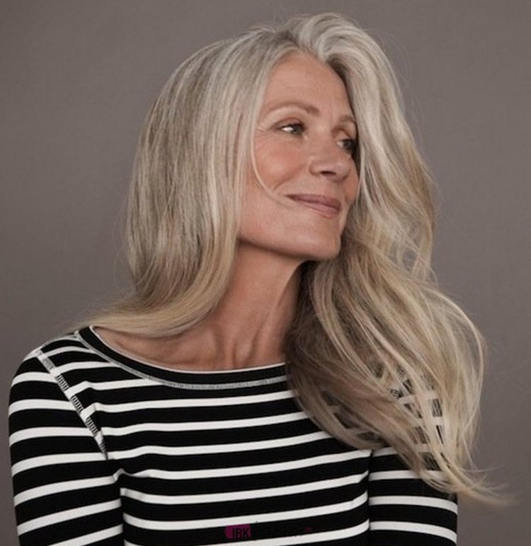 Elderly woman with long hair