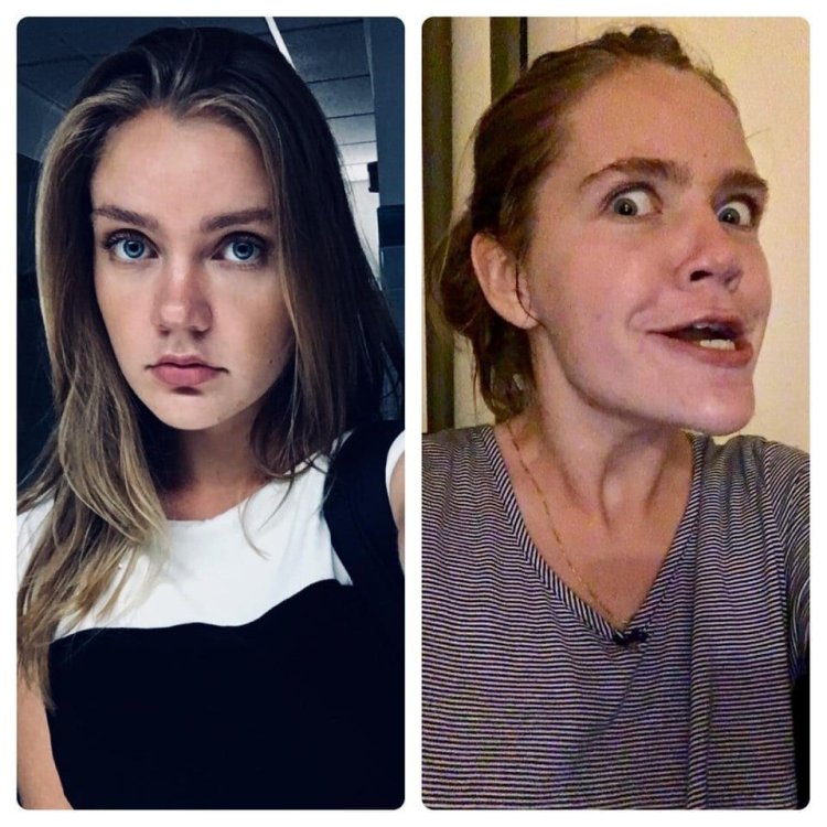 Girls make faces before and after