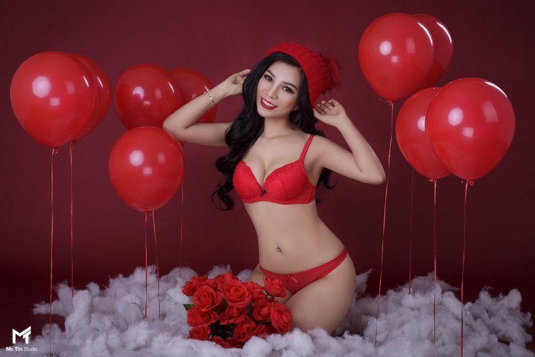 Asian women in red lingerie