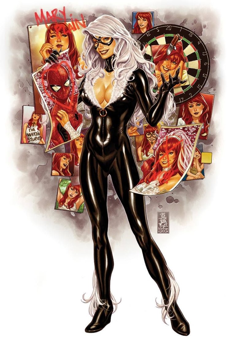 Black cat marvel and spiderman kiss