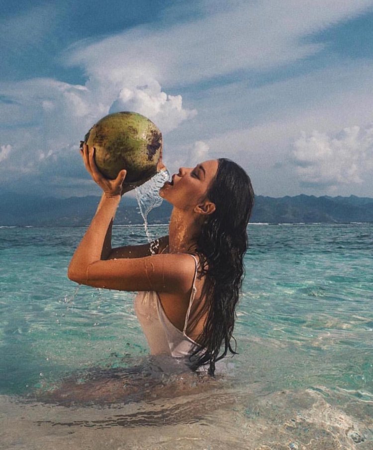 Girls sea beach fruits
