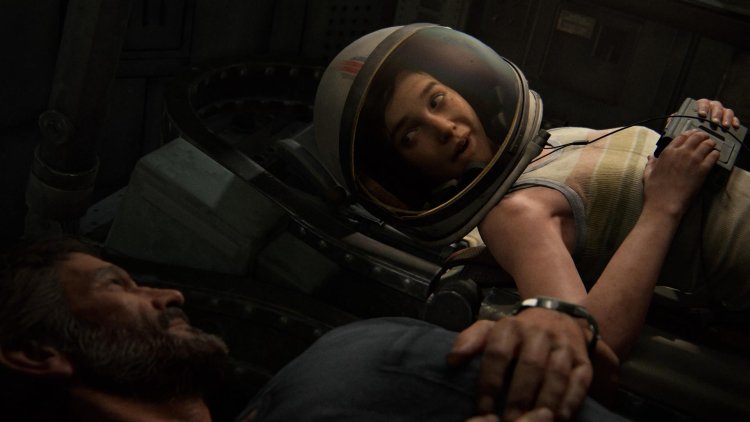Joel and Ellie in a spacesuit