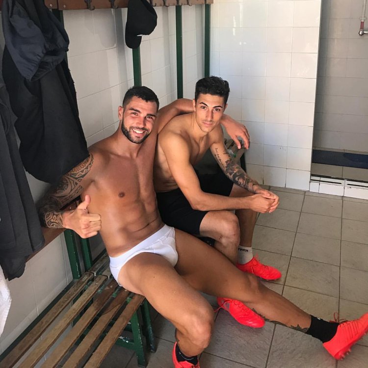 Football players in the locker room