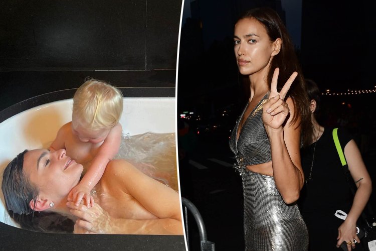 Emily Ratazhkovsky with his son in a bath