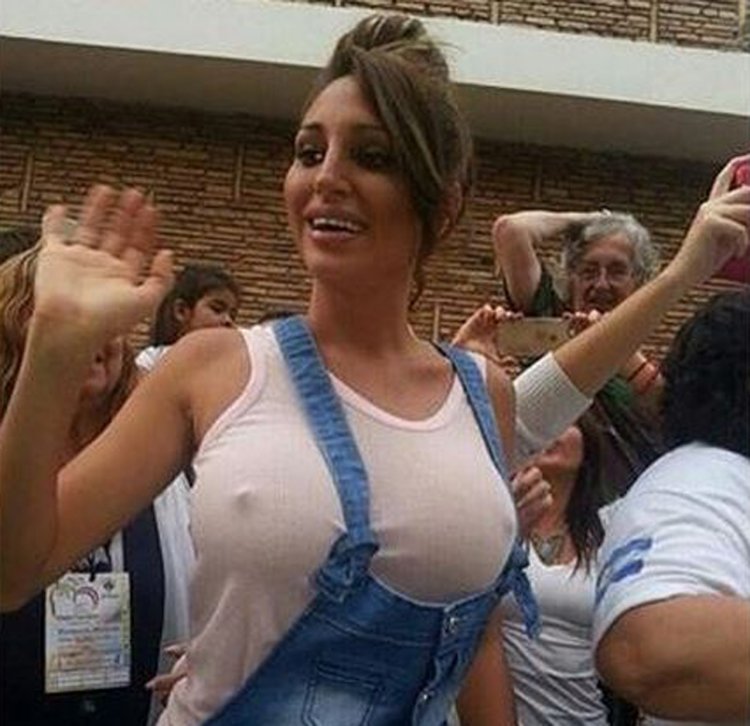 Without a bra in a public