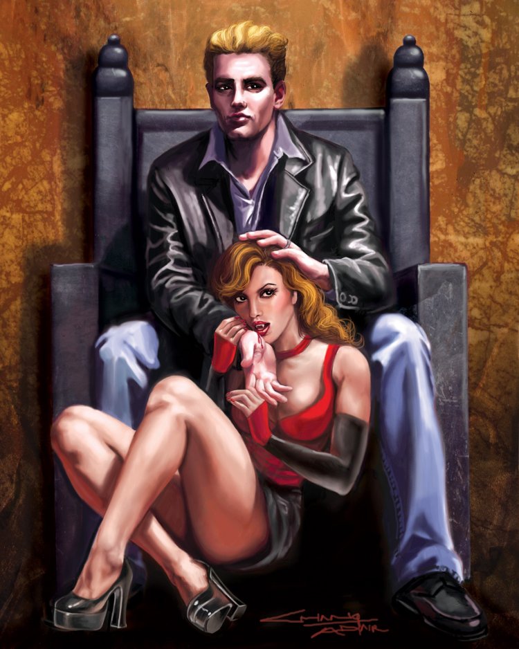 A man on a throne with girls