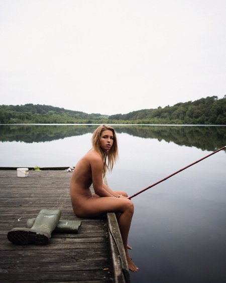 Girls topless fishing
