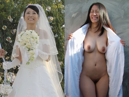 Naked women in wedding dresses