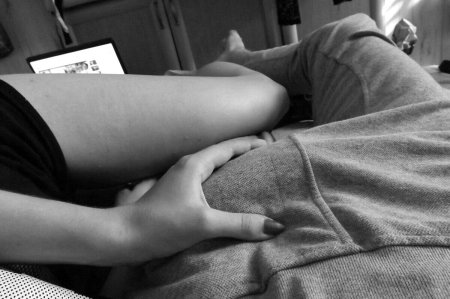 The girl touches the man