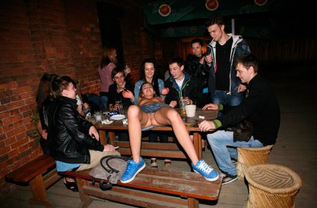 In a summer cafe without panties