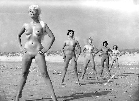 Naked women on the beach retro