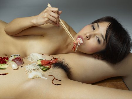 Naked Japanese on the table with food